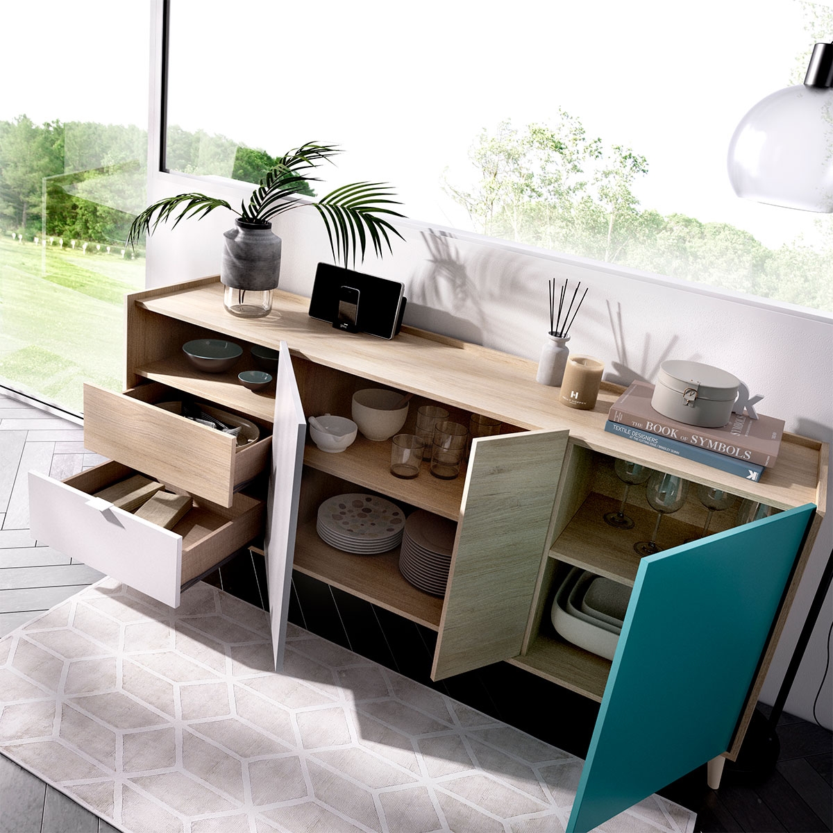 Ambiente mit Sideboard, 3 Türen und 2 Schubladen: Nova White/Grey/Natural/Emerald