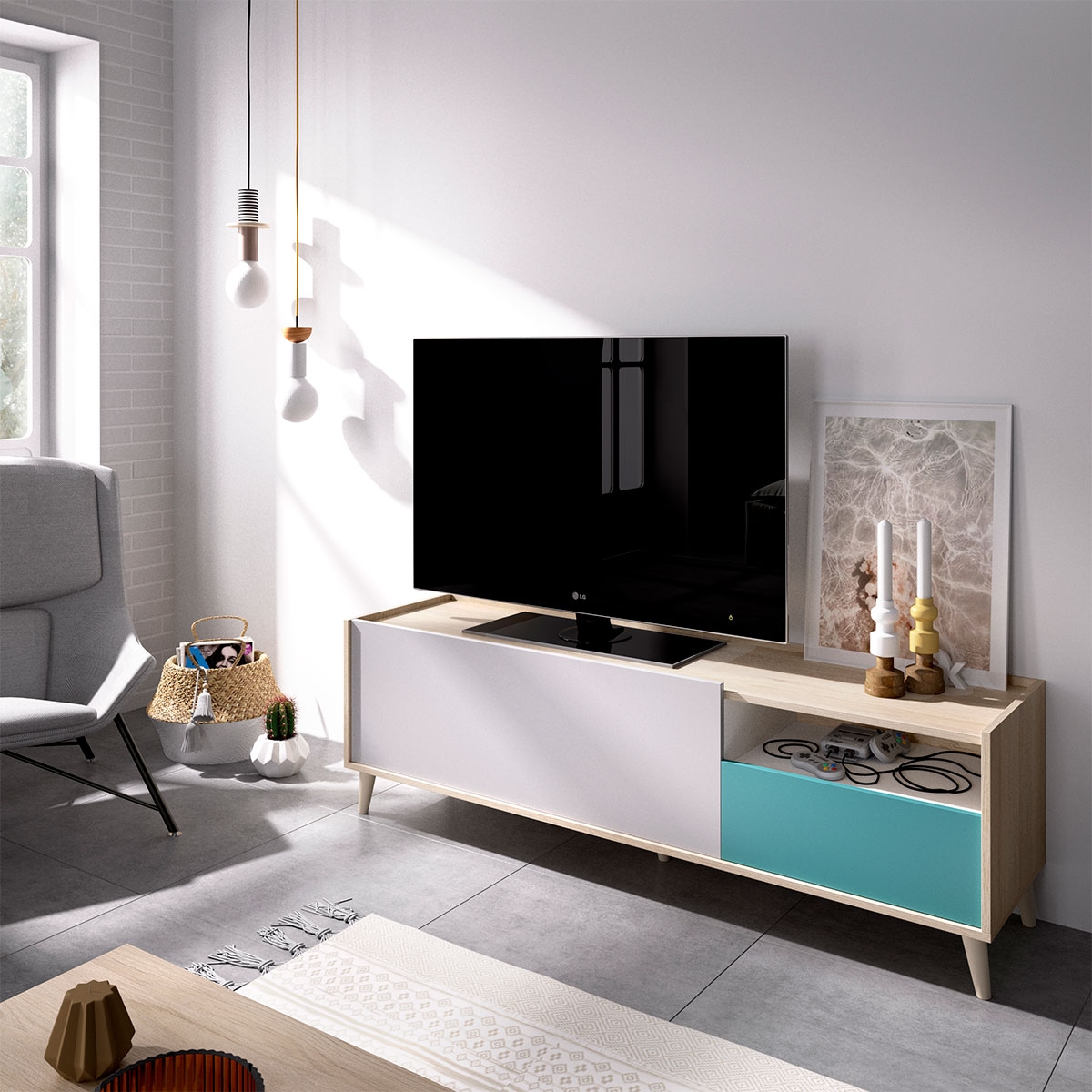 Quarto com Módulo Nova Tv Cinzento/Natural/Esmeralda com 1 Gaveta e 1 Porta