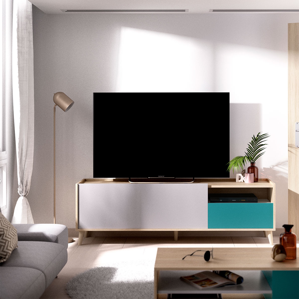 Ambiente con Módulo Nova Tv Gris/Natural/Esmeralda de 1 Cajón y 1 Puerta  - 2