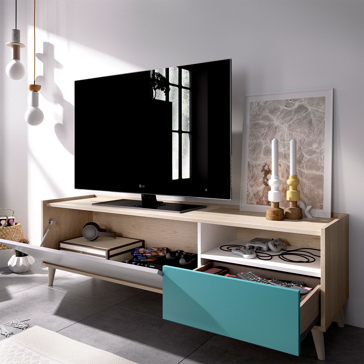 Zimmer mit Nova TV Modul Grau/Natürlich/Smaragd mit 1 Schublade und 1 Tür - 3