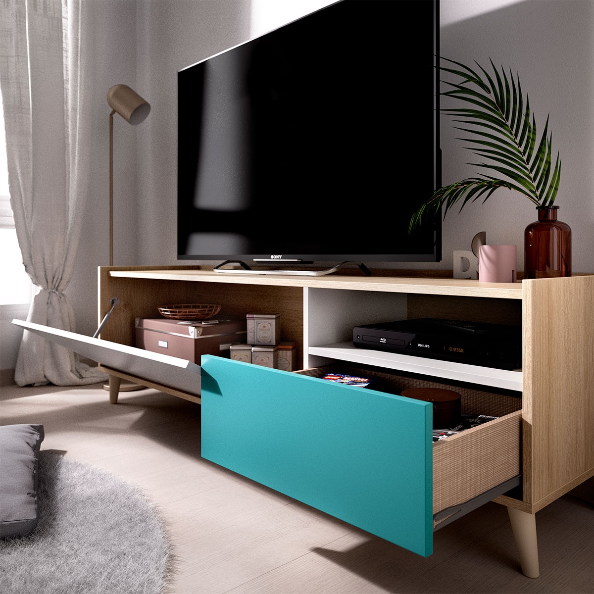 Quarto com Módulo Nova Tv Cinzento/Natural/Esmeralda com 1 Gaveta e 1 Porta - 4