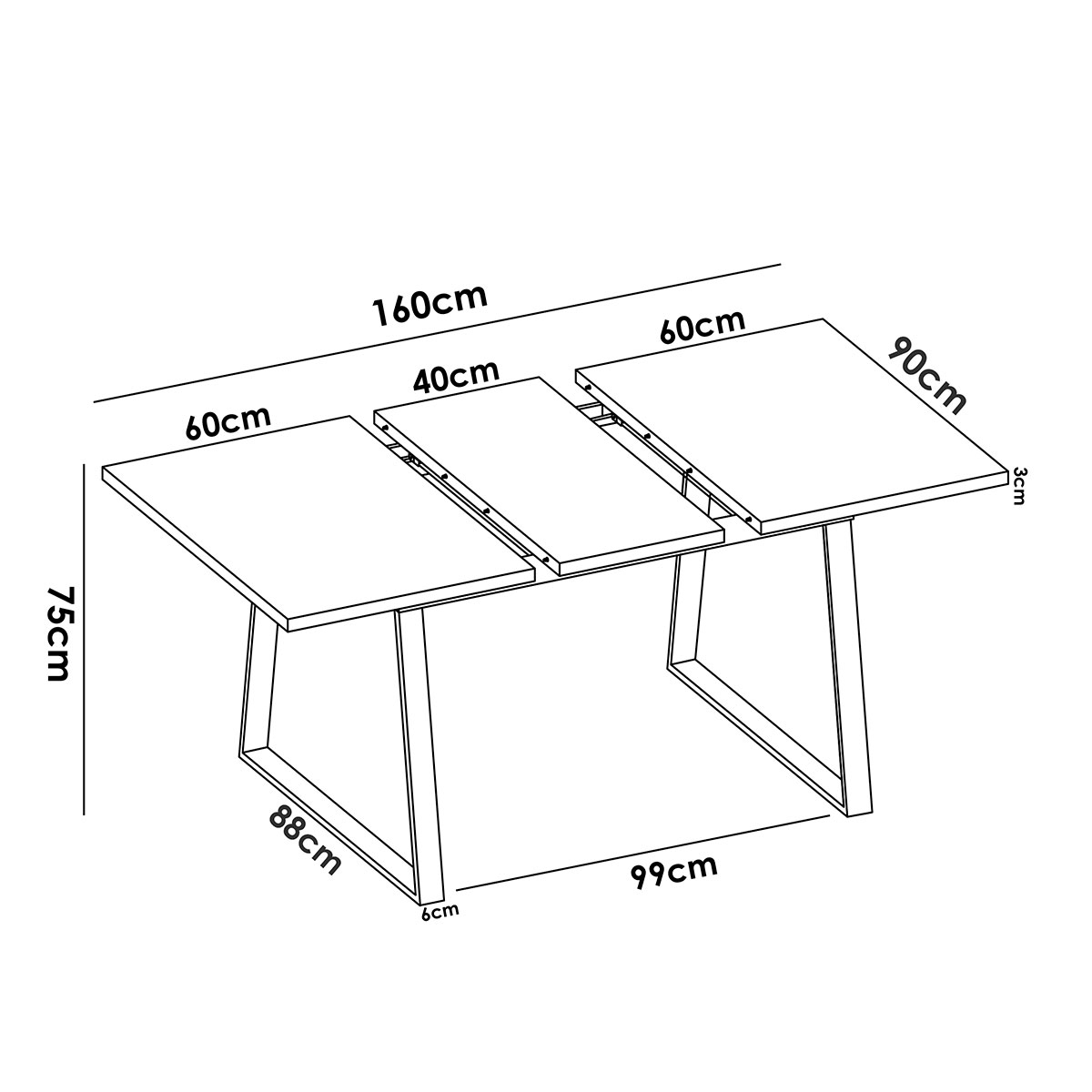 Dimensions de la table à manger extensible Aran pieds en métal 120. Epaisseur environ 30 mm Nordic 75x120-160x90 03K58293