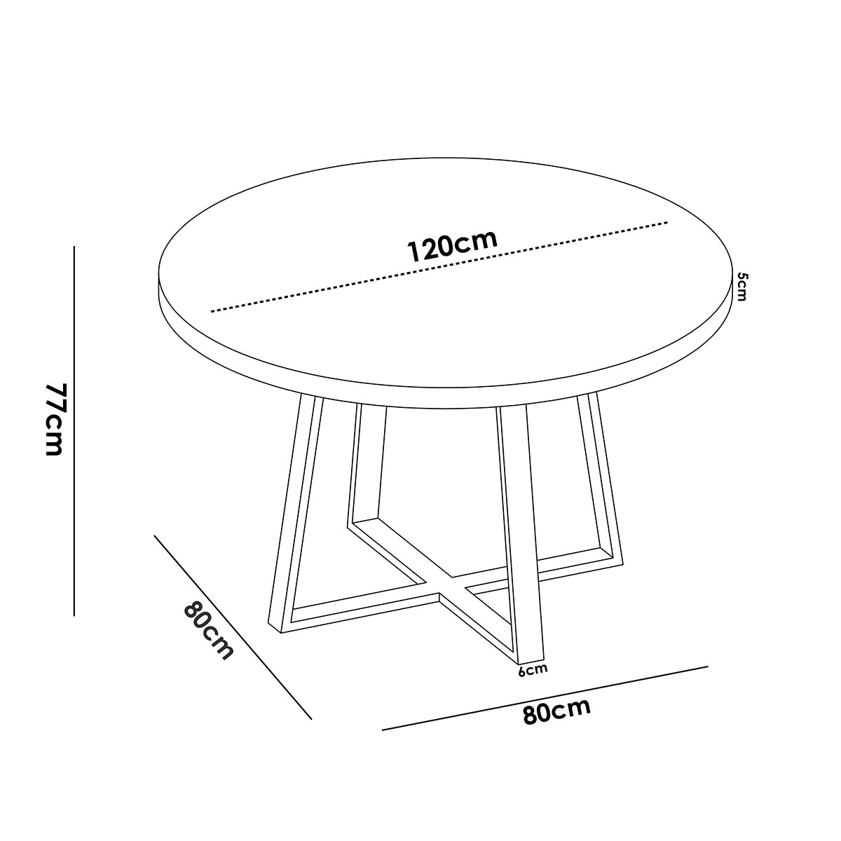 Measurements of Fixed Dining Table Duna 120 Round Metal Legs. Thickness about 50 mm Nordic 75x120x120