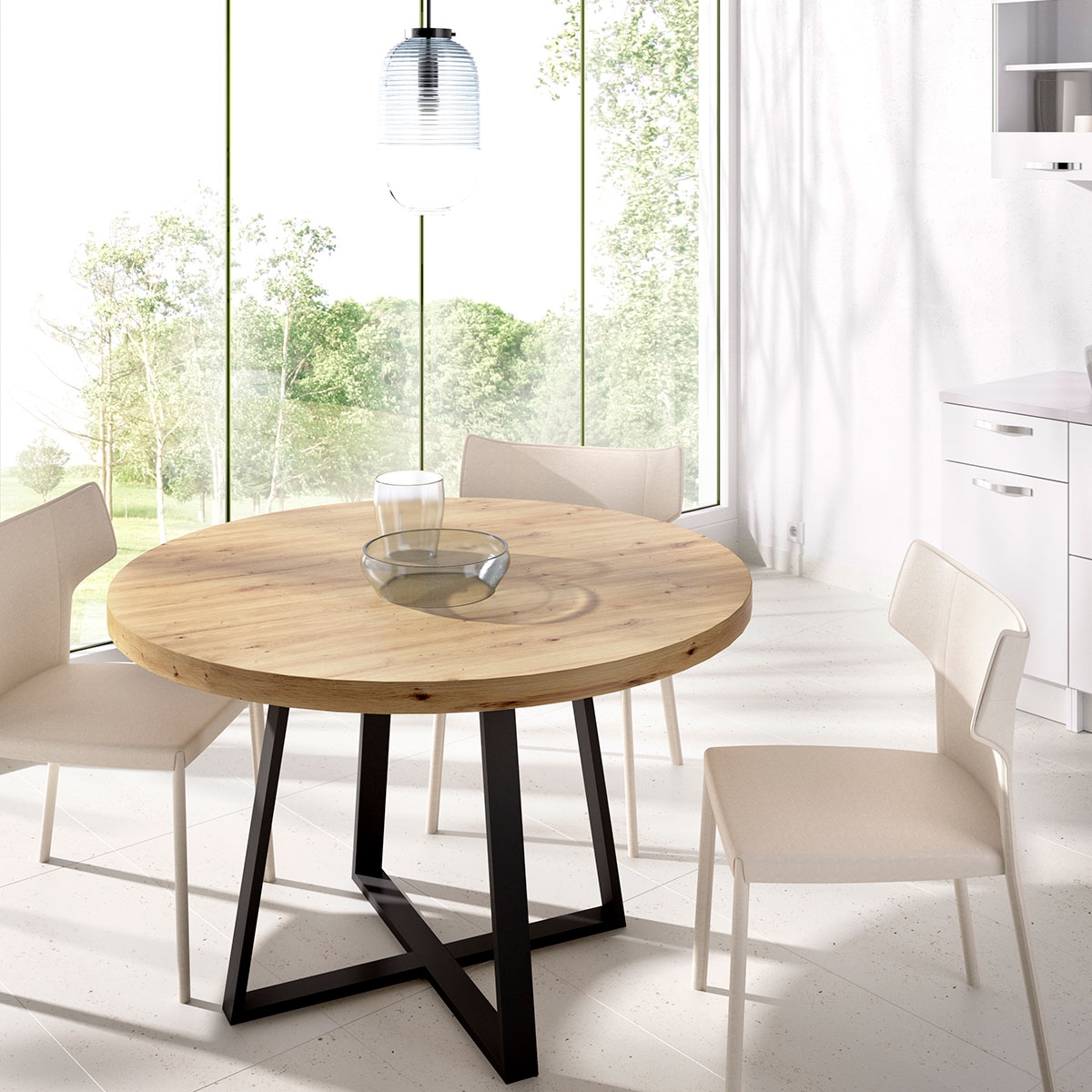 Ambiente com Mesa de Jantar Fixa Duna 120 Pernas Redondas de Metal. Espessura cerca de 50 mm nórdico 75x120x120