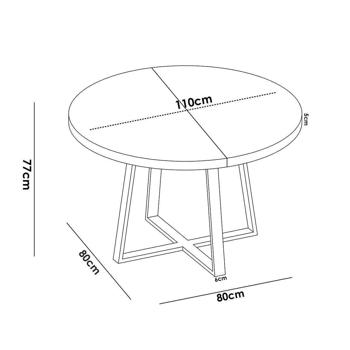 Dimensions de la table à manger extensible Duna 110 pieds ronds. Epaisseur environ 50 mm Nordic 77x110-158x110