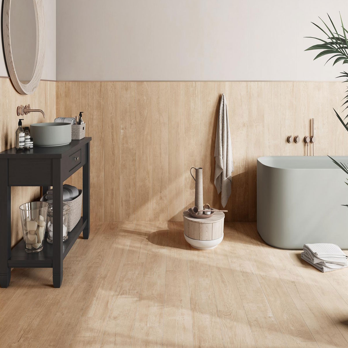 Salle de bain avec carrelage sol et mur AT Dakota Érable 20x120