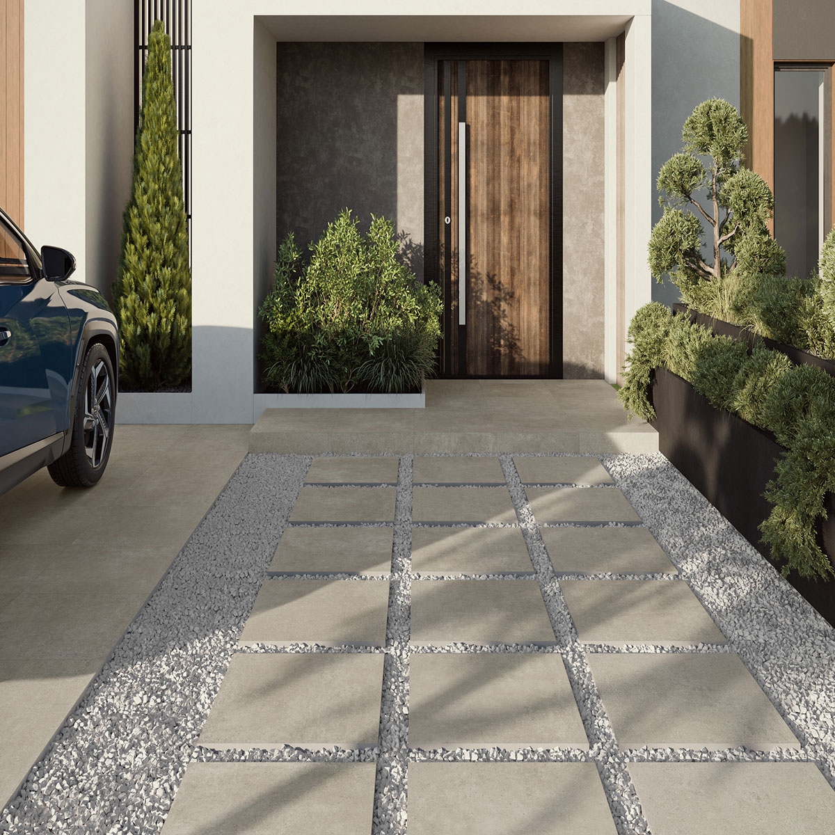 Exterior con pavimento Gravel Extrem Earth 60x60