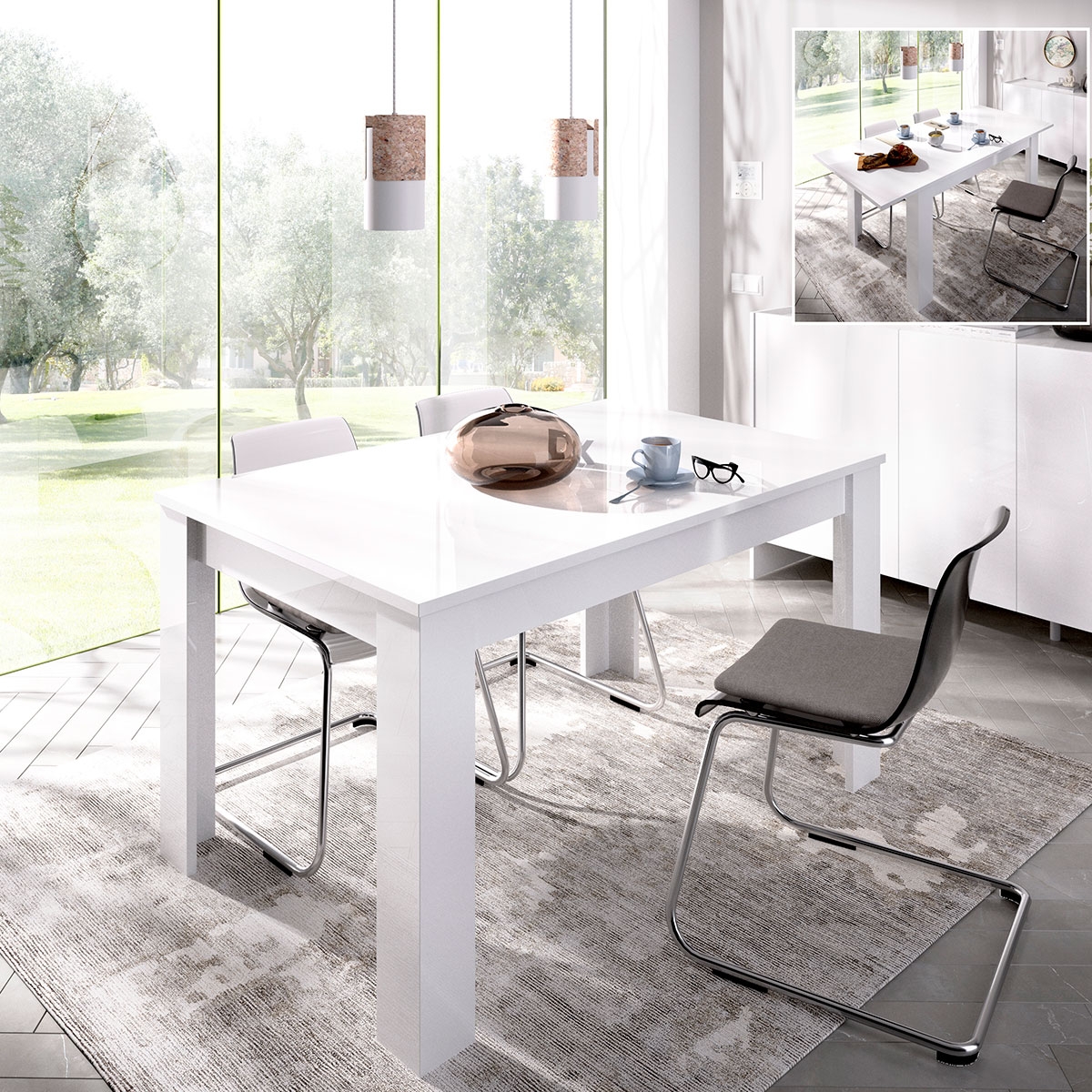 Ambiente con Medidas de Mesa Comedor Dine B. Brillo 77x140-190x90