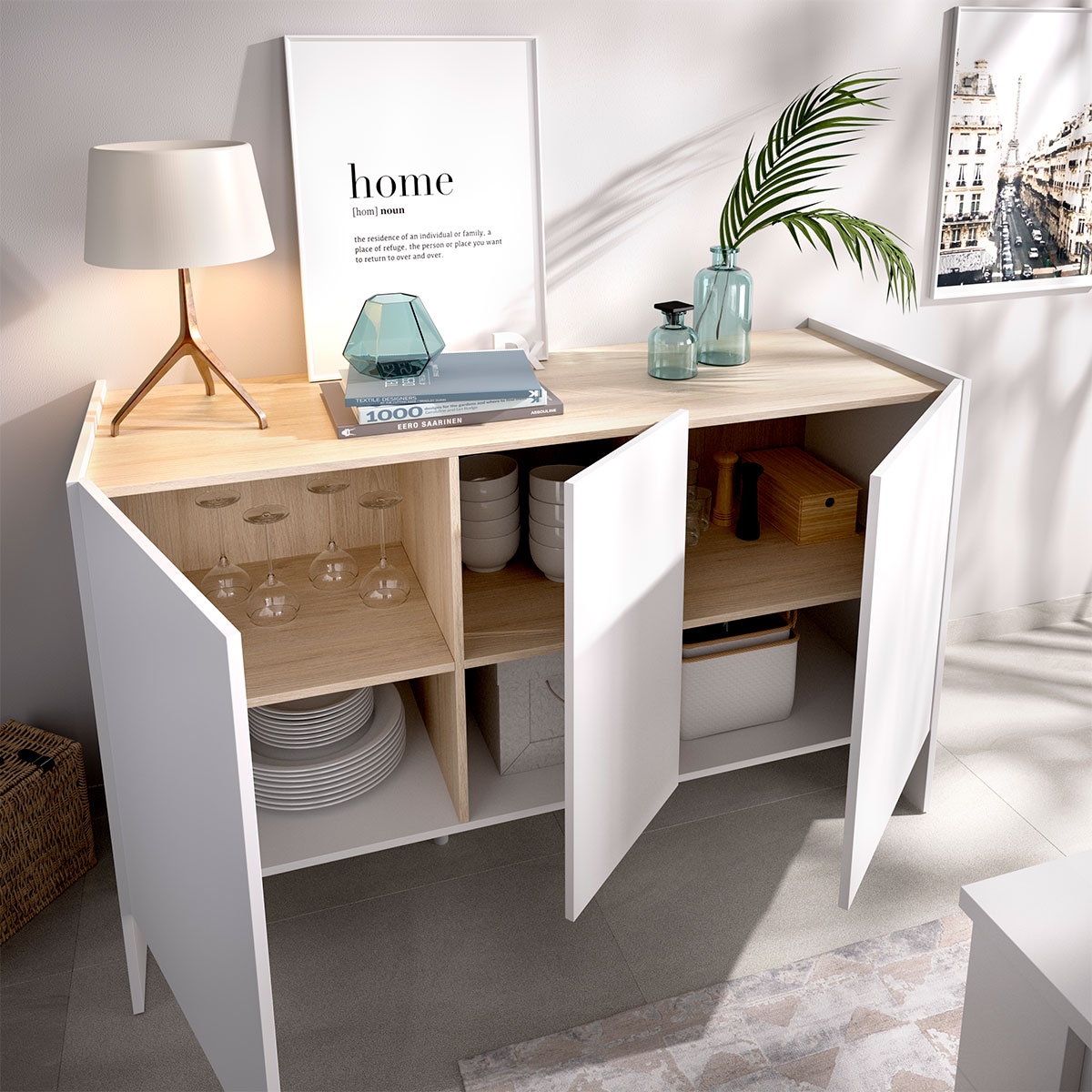 Ambiente con Aparador 3 Puertas Kloe Blanco/Natural - 2