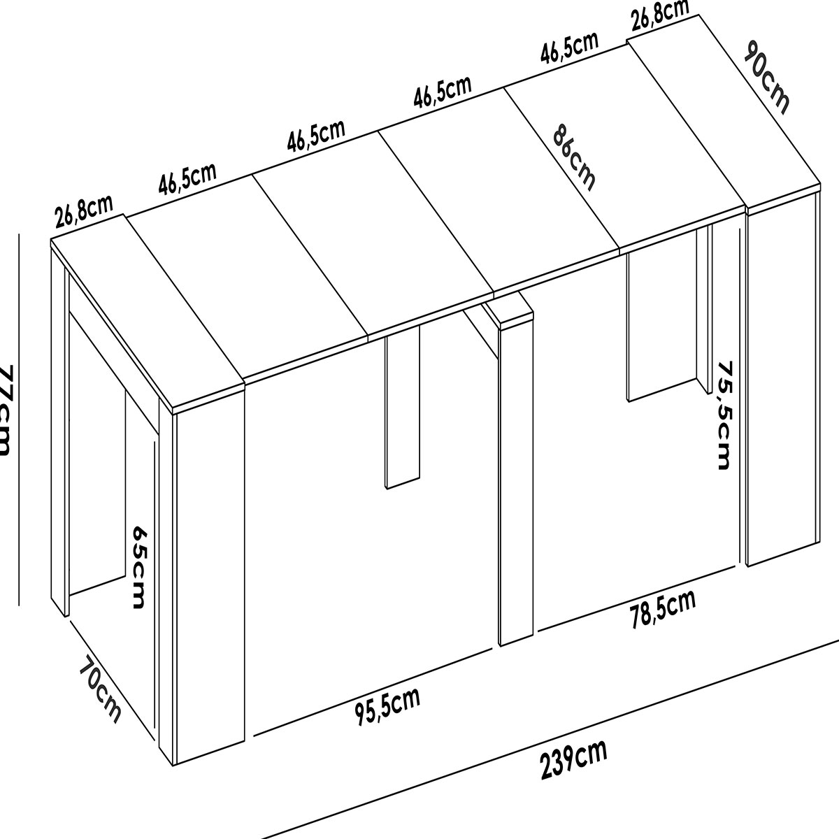 Measurements of Kiona Natural Extendable Table 77x54-239x90 -2