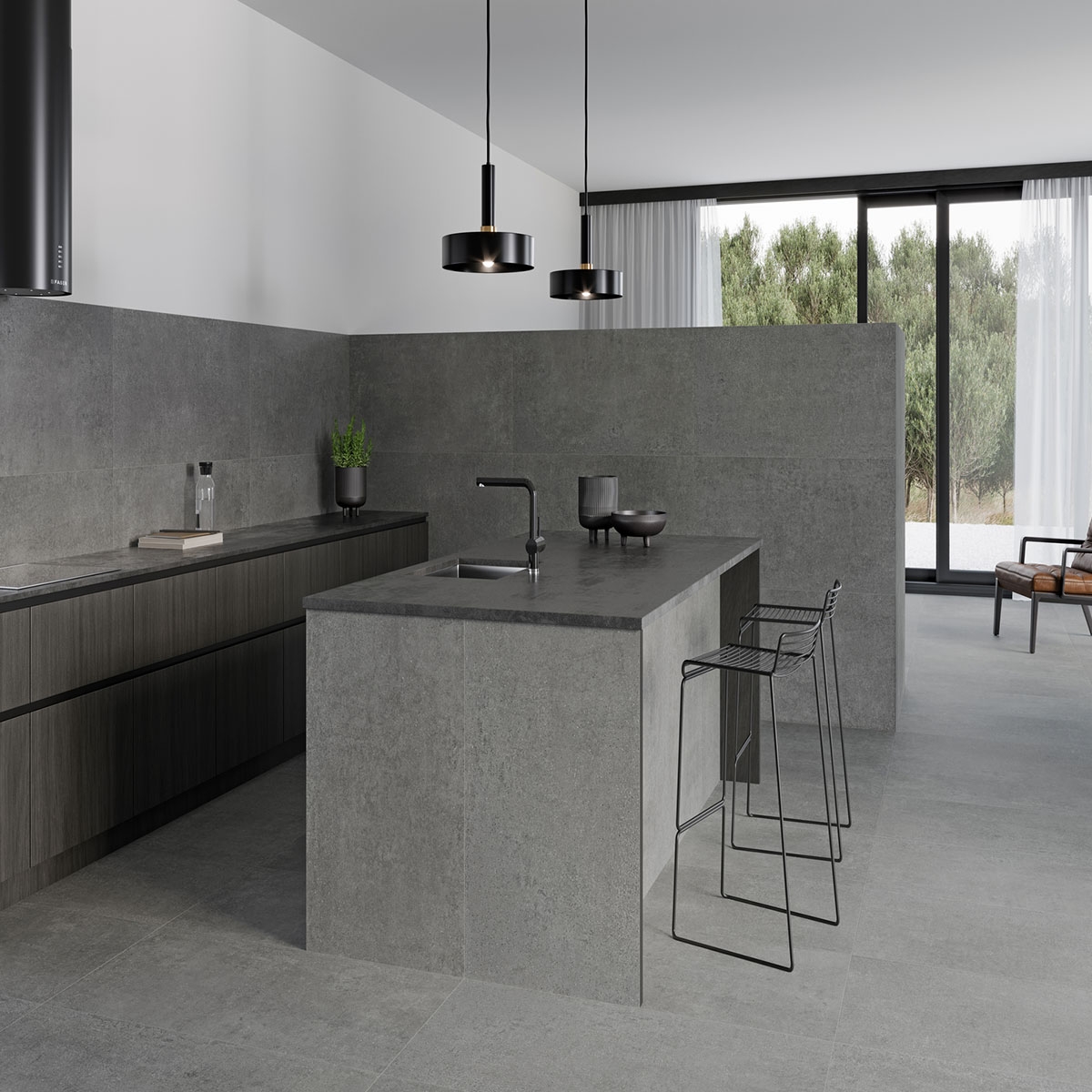 Interior con pavimento Gravel Shadow 60x120