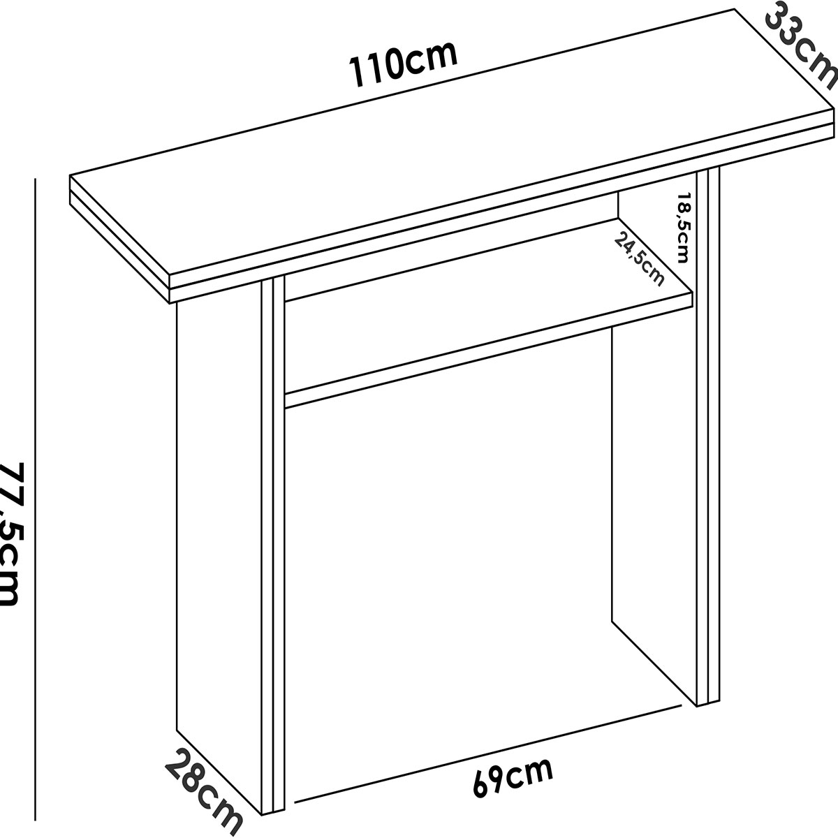 Dimensions de Dekit table console extensible Taly White 77,3-75,4x110,6x33-66