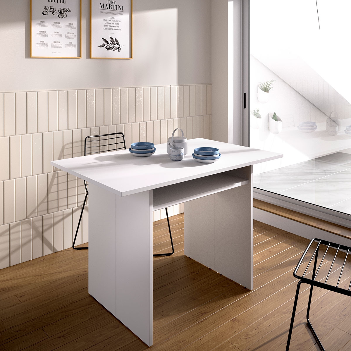 Raum mit Taly White ausziehbarem Konsolentisch 77,3-75,4x110,6x33-66