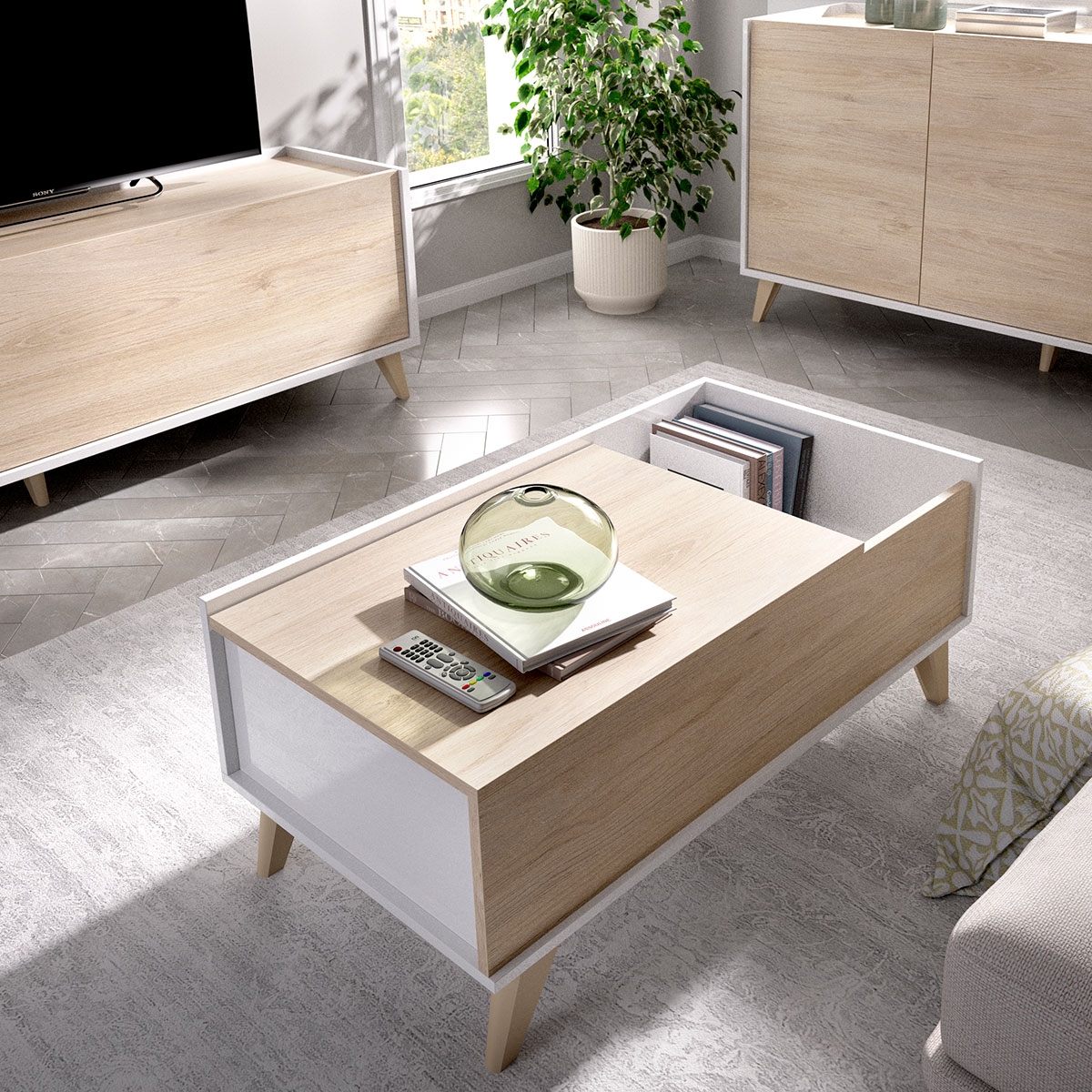 Ambiente con Dekit Ness Lift-Top Couchtisch Weiß/Natürlich 41x99x60 03K7254386