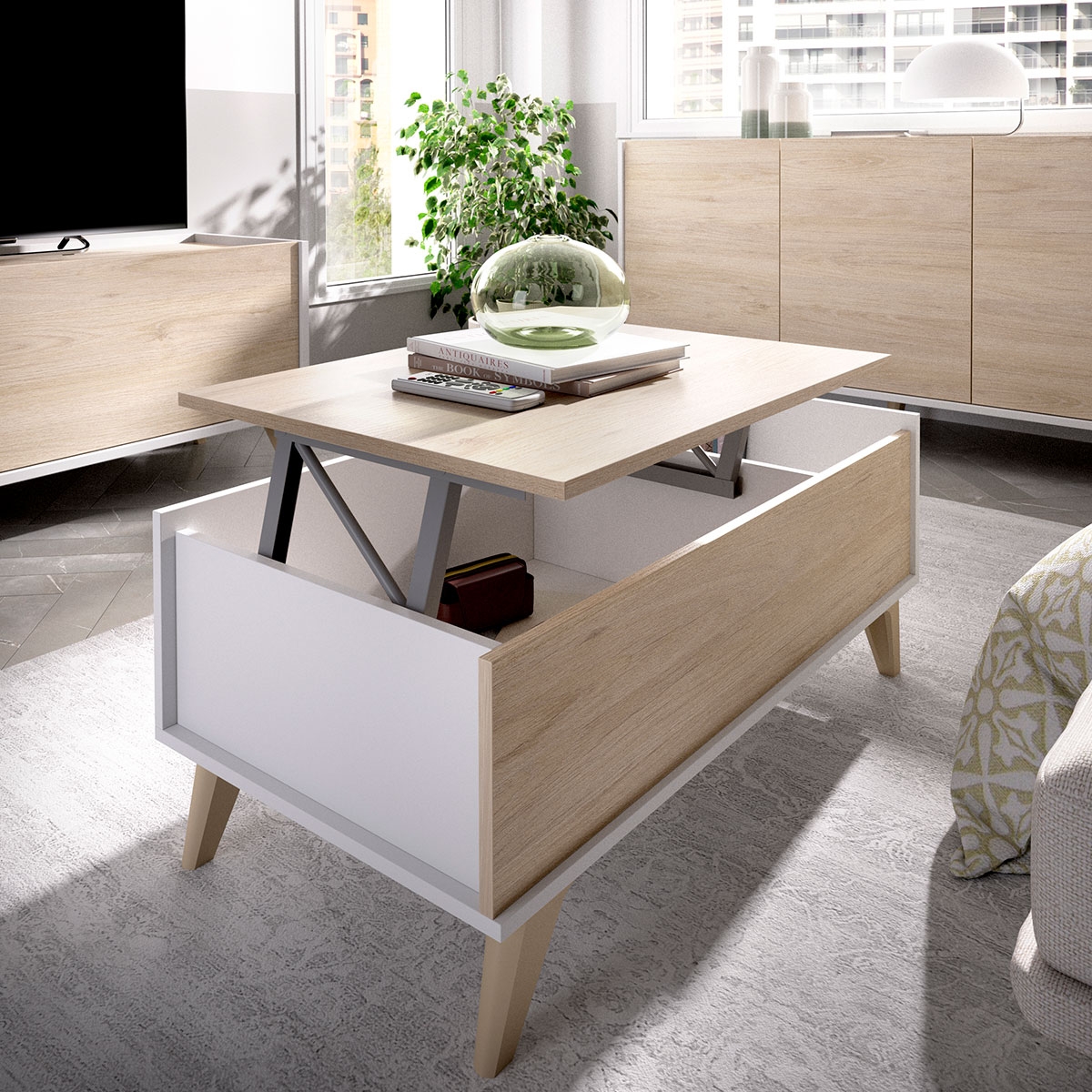 Ambiente con Dekit Ness Table Basse Relevable Blanc/Naturel 41x99x60 03K7254386 -2