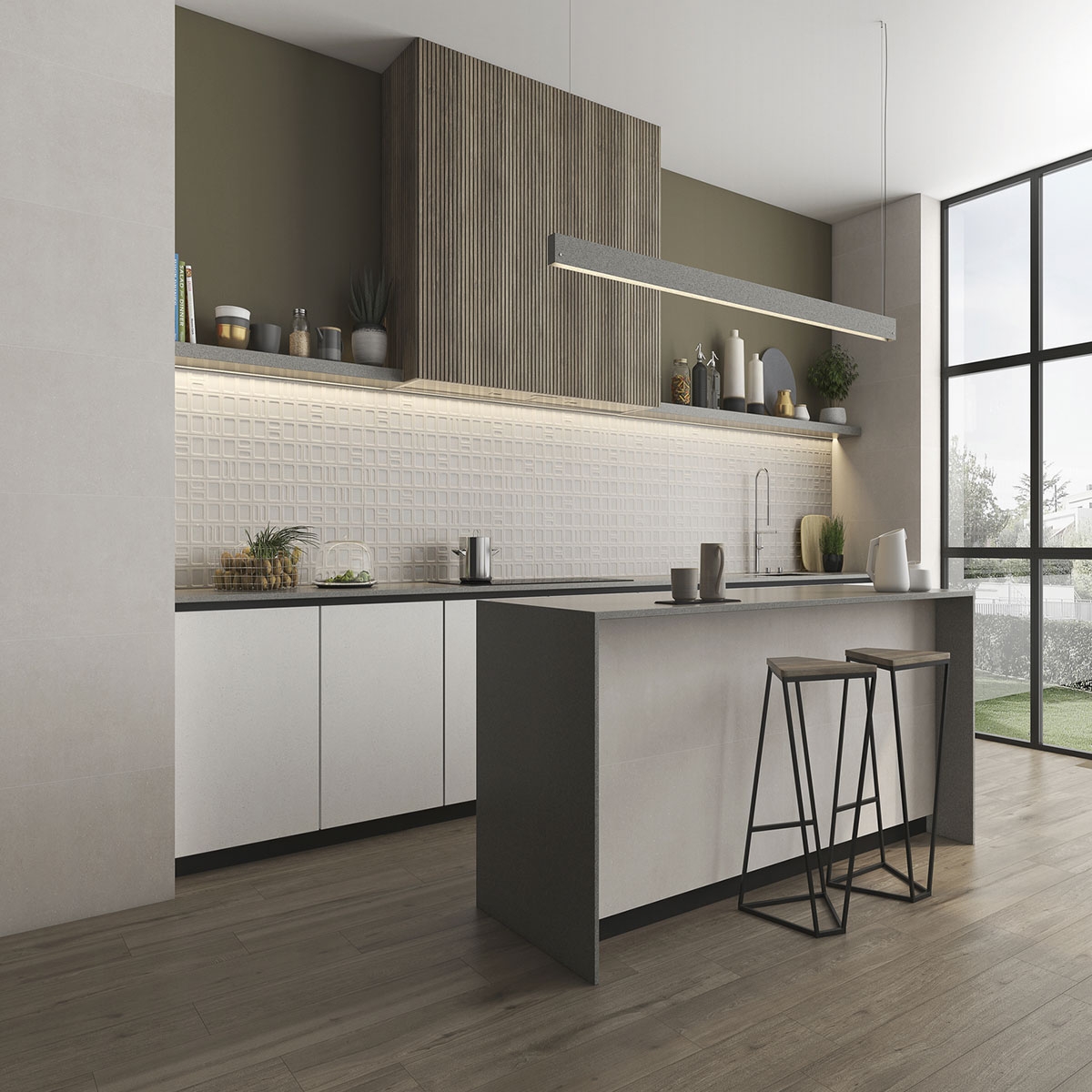 Cocina con pavimento Gravel Square Cream 40x120