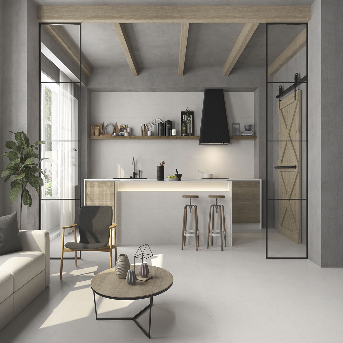 Cocina con pavimento Gravel White 75x75