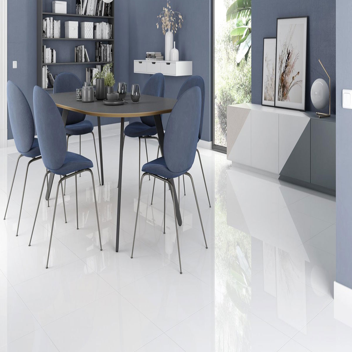 Sala con pavimento AT Brillo Blanco 60,8x60,8