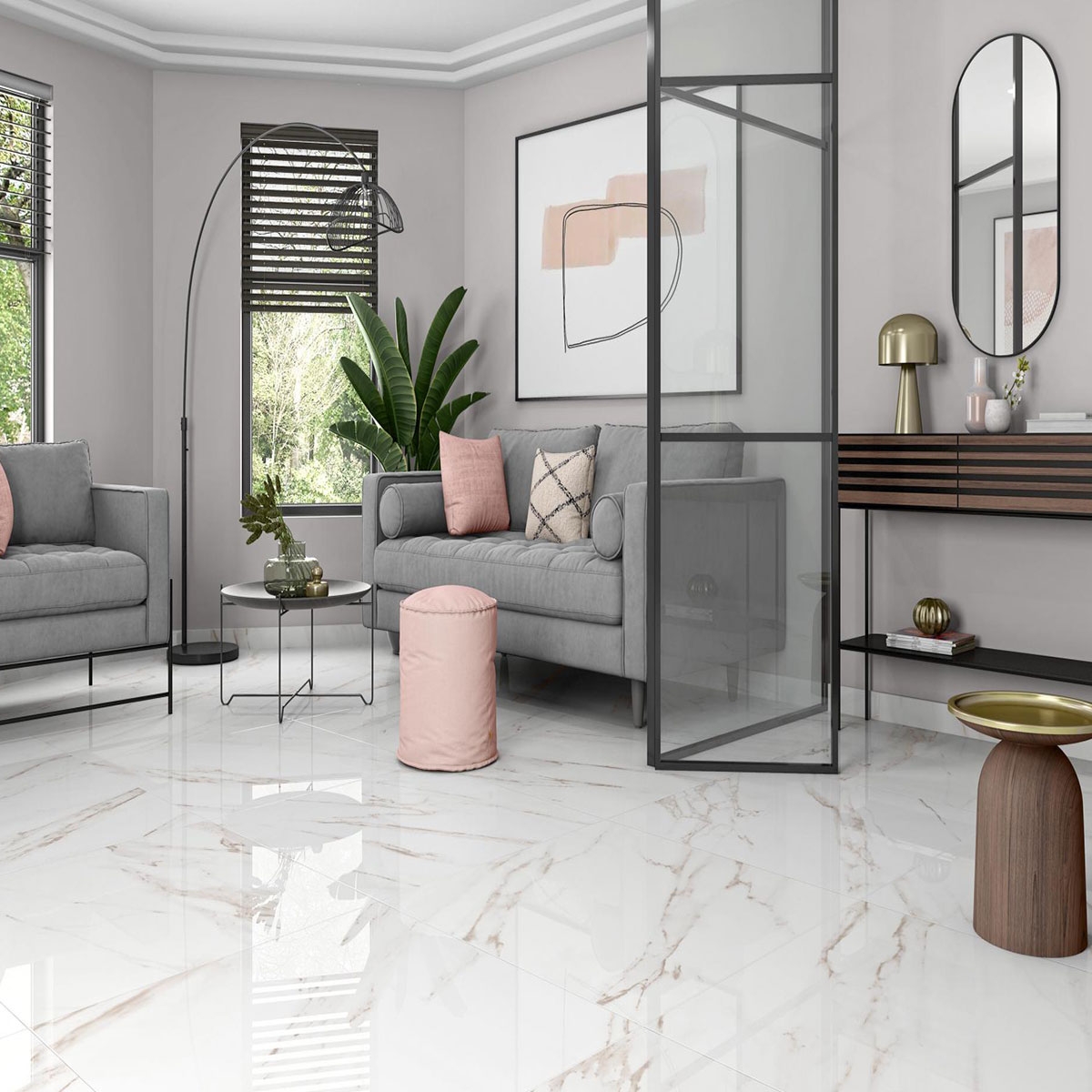 Interior con pavimento AT Palma Blanco 60x120