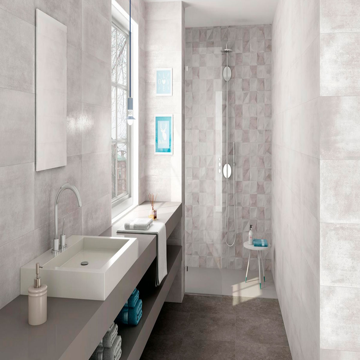Salle de bain avec dallage Koncept Taupe Lapatto 60x60