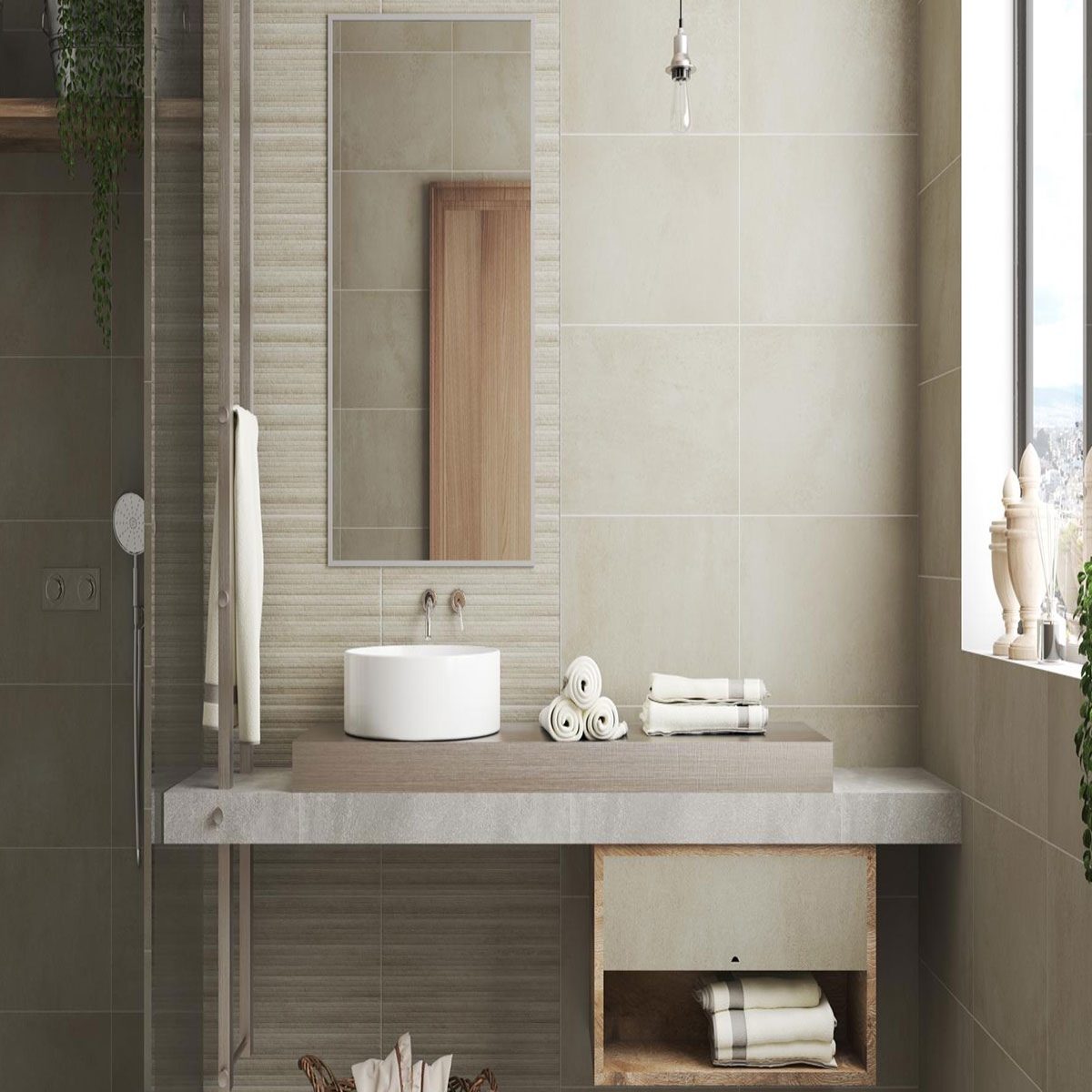 Baño con revestimiento AT Nitid Relieve Arena 33.3x55