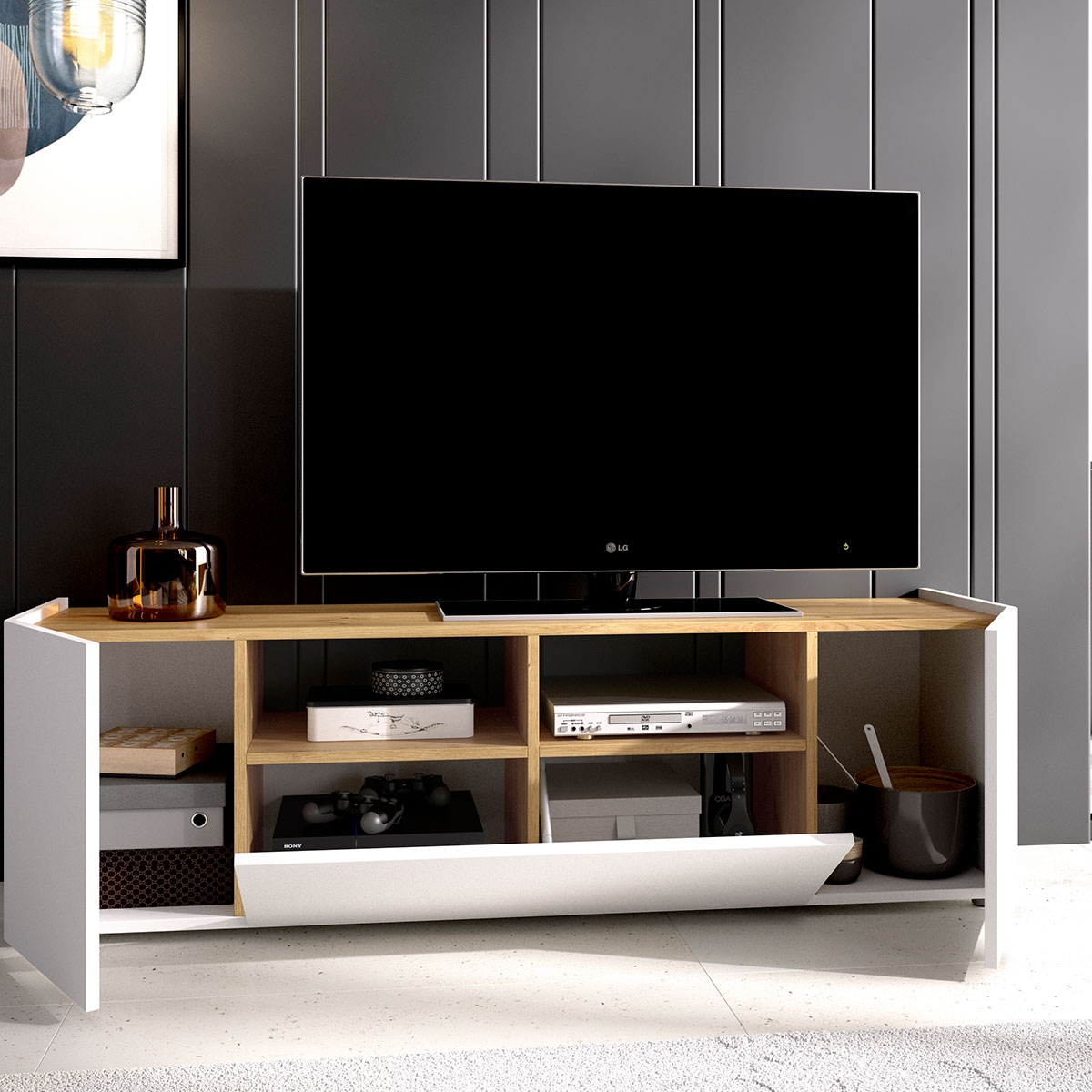 Ambiente con Mueble Bajo Tv Isola Blanco+Nordic 43,8x141,7x34,7