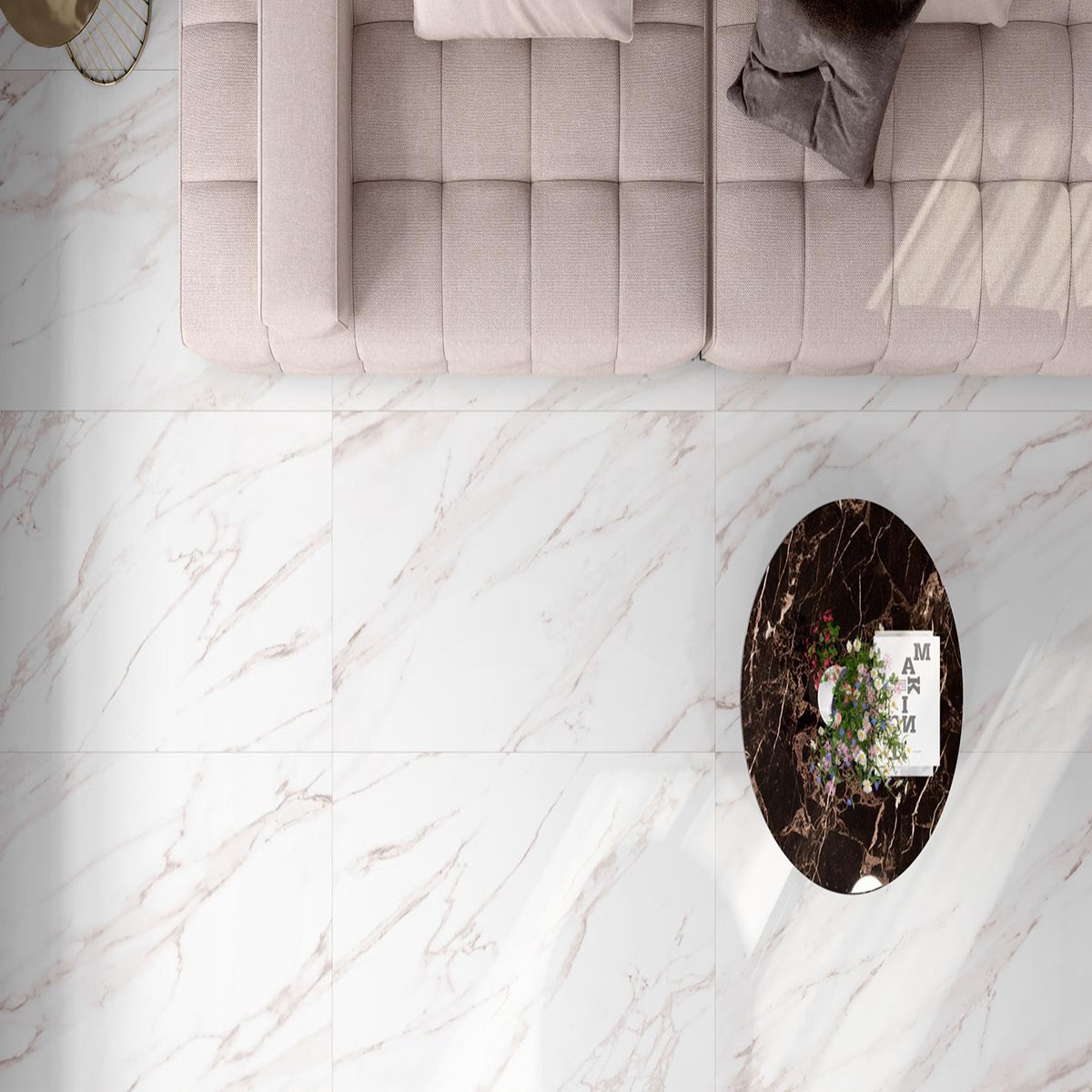 Living room with flooring AT Pompei White 60x120