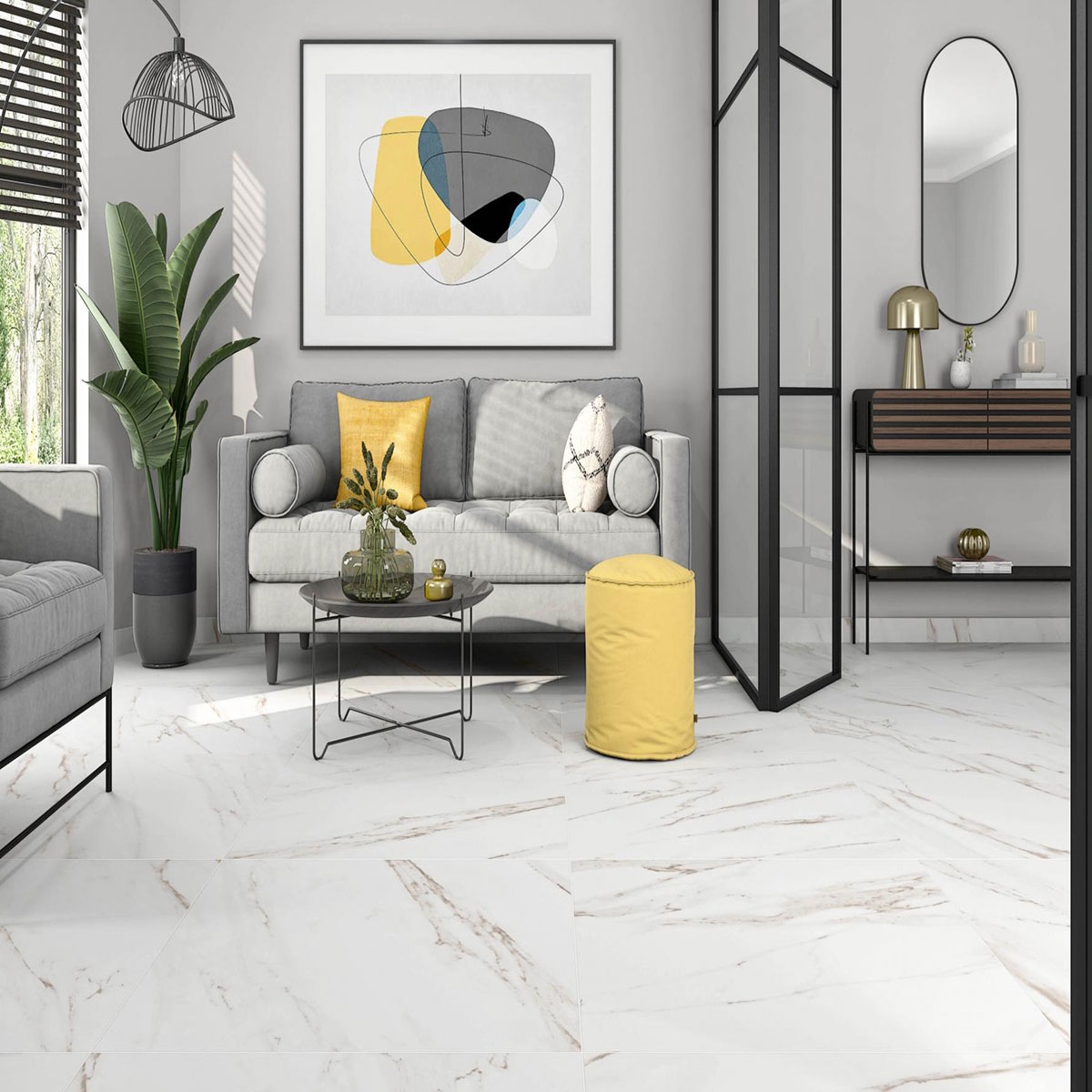 Sala con pavimento AT Pompei Blanco 60x120 (Caja 1.44m2)