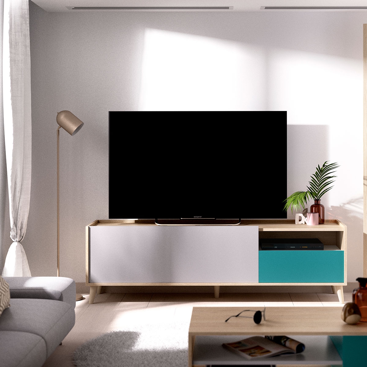 Nova 1 Schublade und 1 Tür grauer und natürlicher Smaragdraum mit Nova-TV-Modul 47x155x43