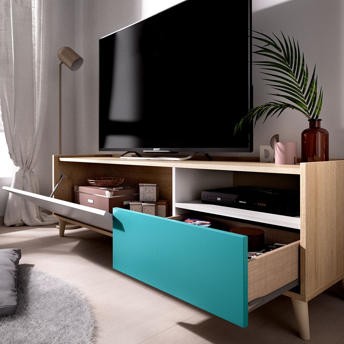 Chambre Nova avec 1 tiroir et 1 porte Module TV Gris/Naturel/Émeraude 47x155x43 -2