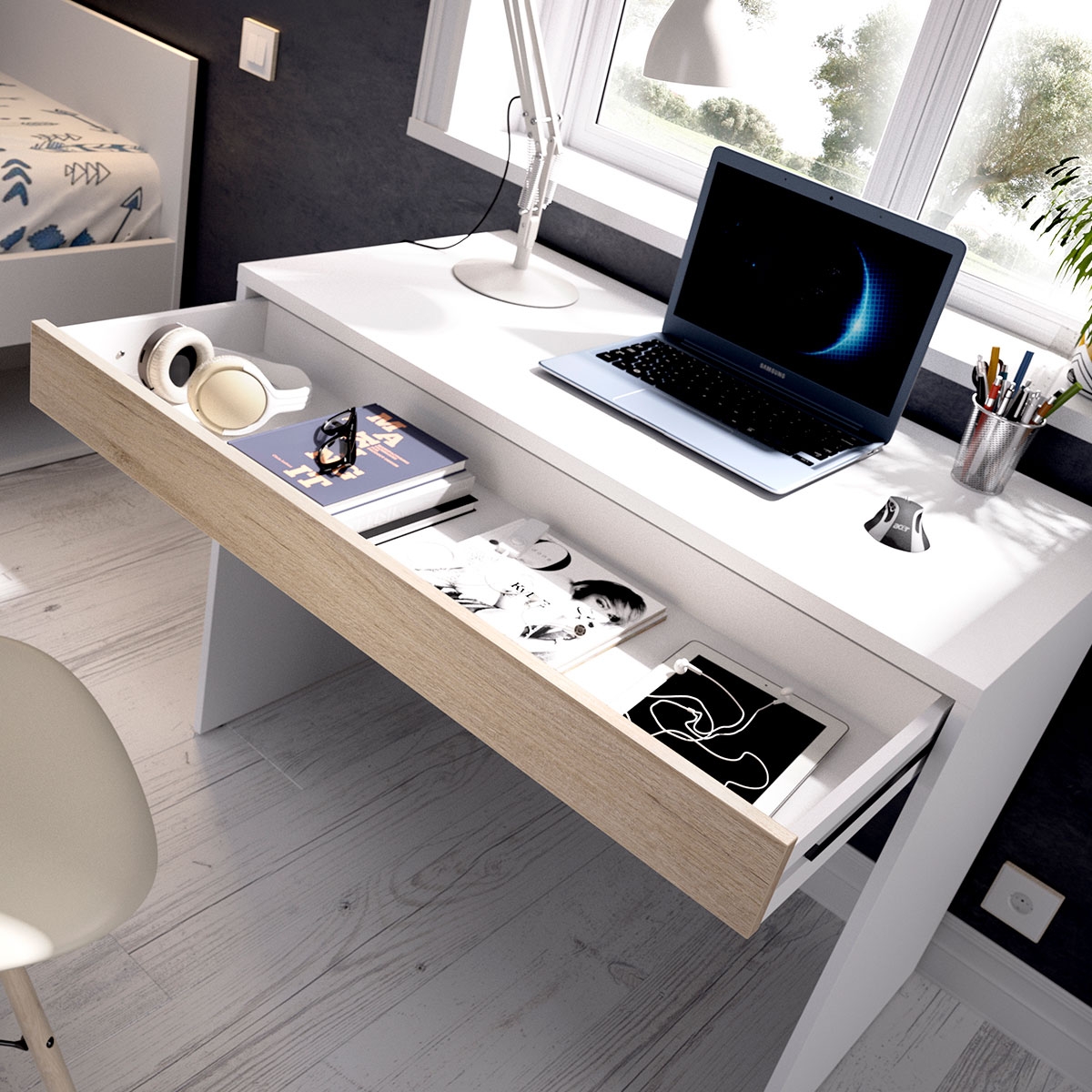 Environment with Tok Desk Table 1Drawer White/Natural 74.2x89.5x49.8 -2