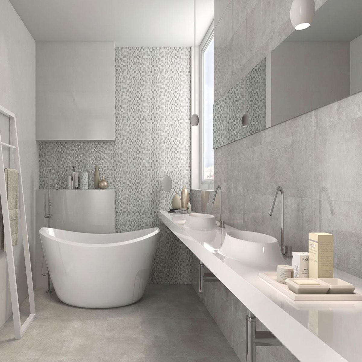 Salle de bain avec revêtement AT Sigma Cubic Pearl 25x70