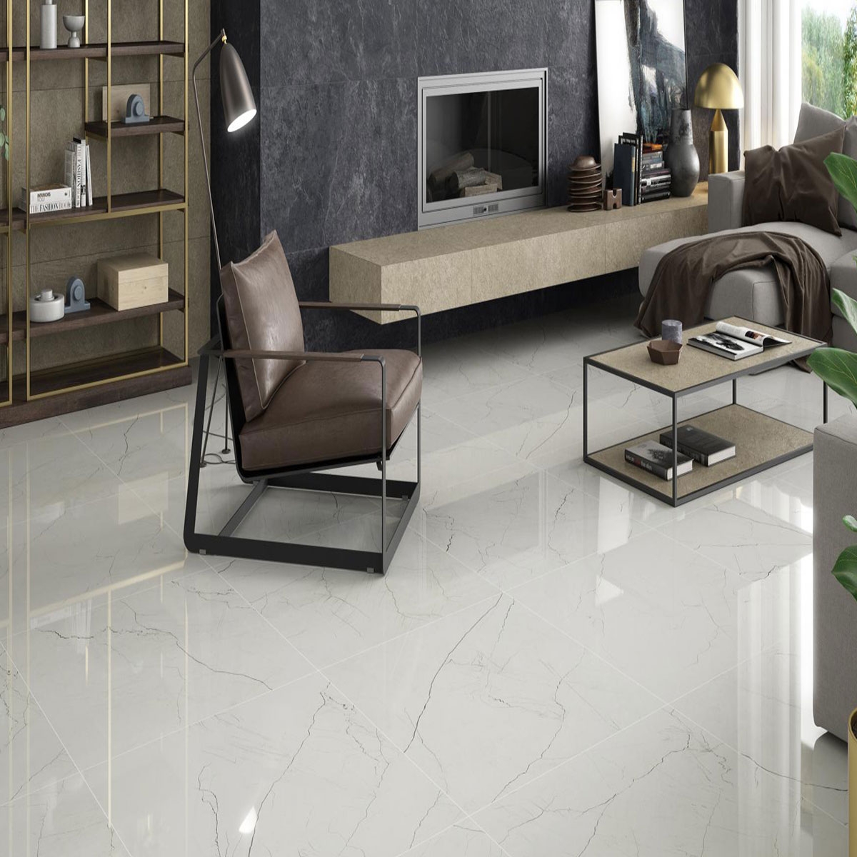 Living room with wall tile Ardesia Noir 60x120