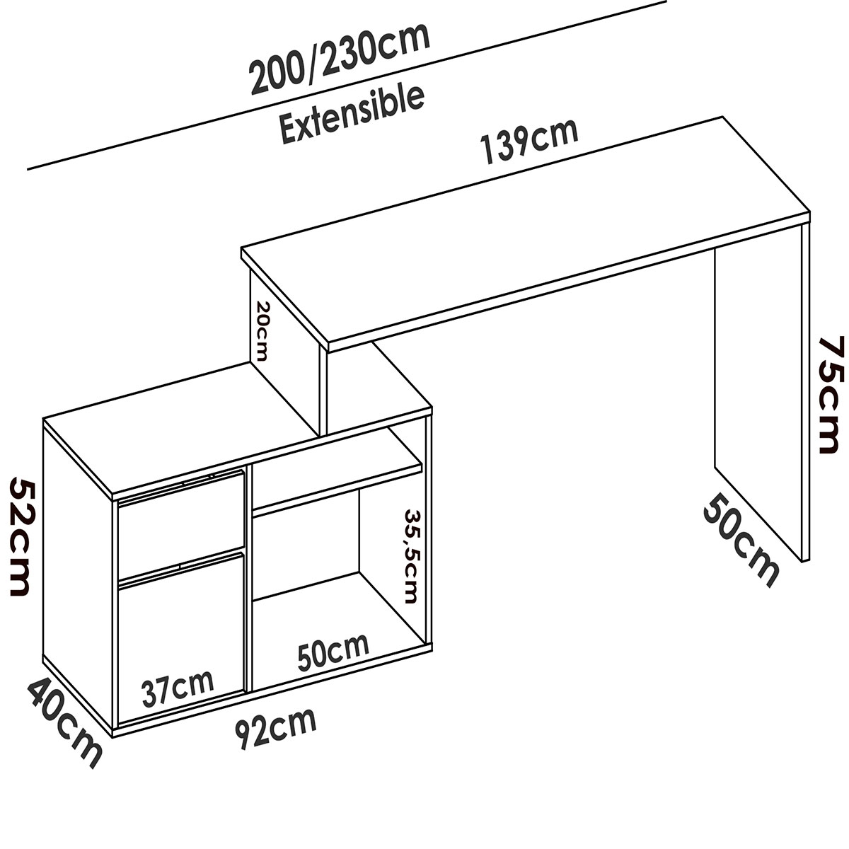 Dimensions du bureau « L » Rox Blanc 75x139x92