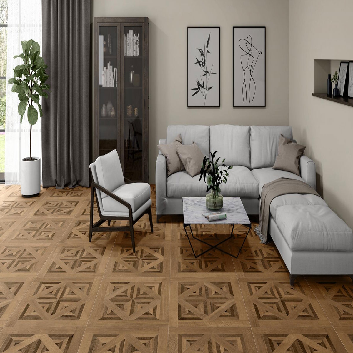 Interior con Pavimento Oldmanor Es. Dark 90x90n