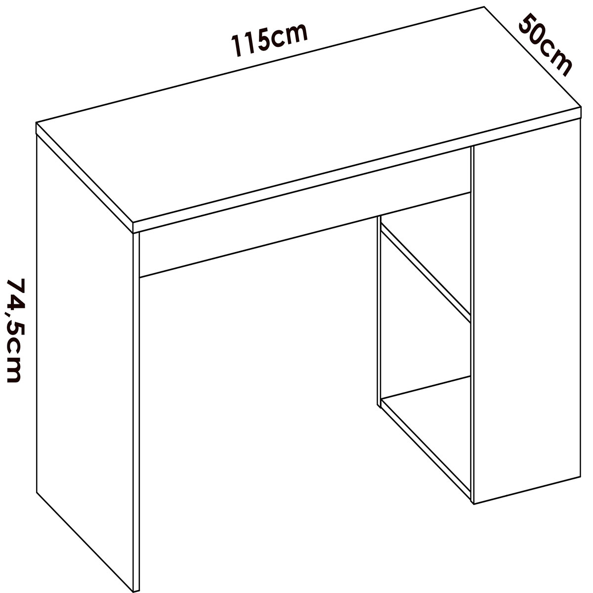 Dimensions du bureau Teo avec étagère et 1 tiroir blanc 74x115x50