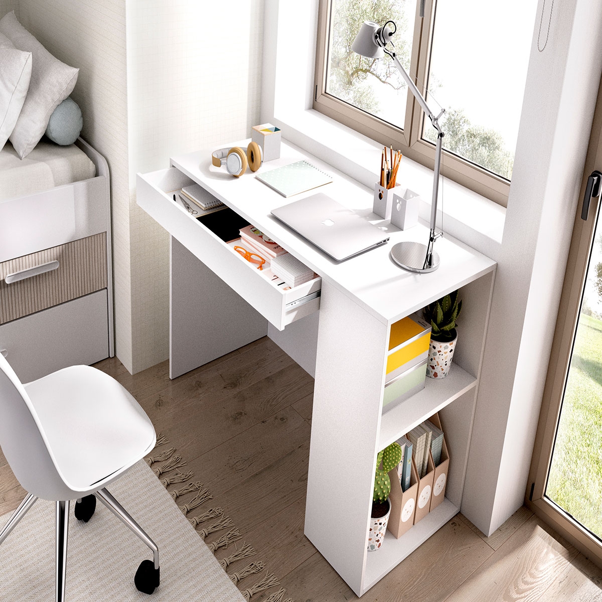 Teo Desk Room with Shelf and 1 Drawer White 74x115x50