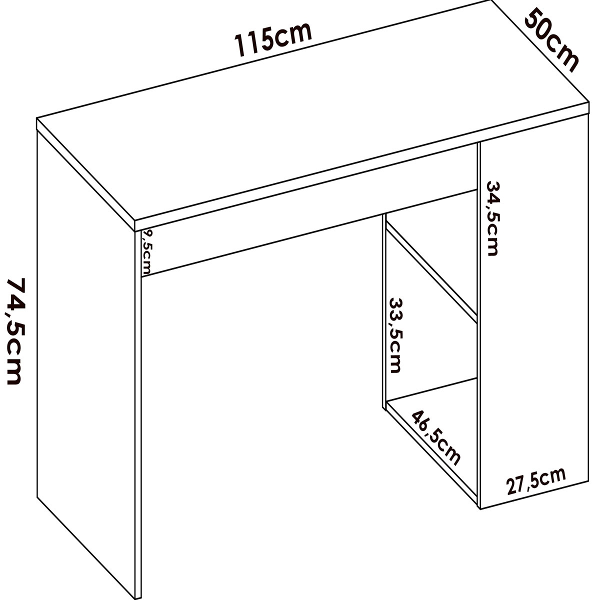 Mesa Teo Medições com Prateleira e 1 Gaveta Natural/Branco 74x115x50