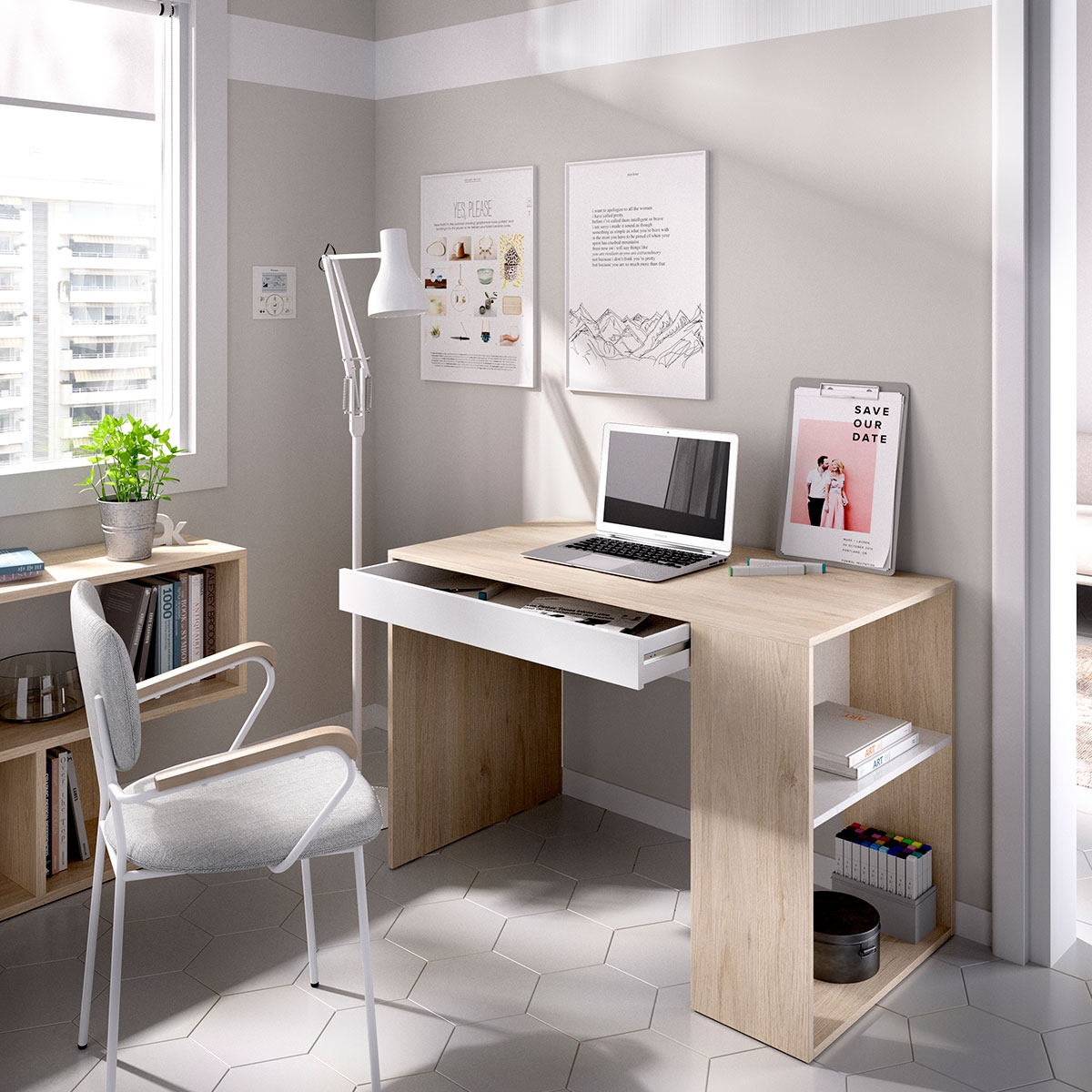 Ambiente de Escritorio Teo con Estante y 1 Cajón Natural/Blanco 74x115x50