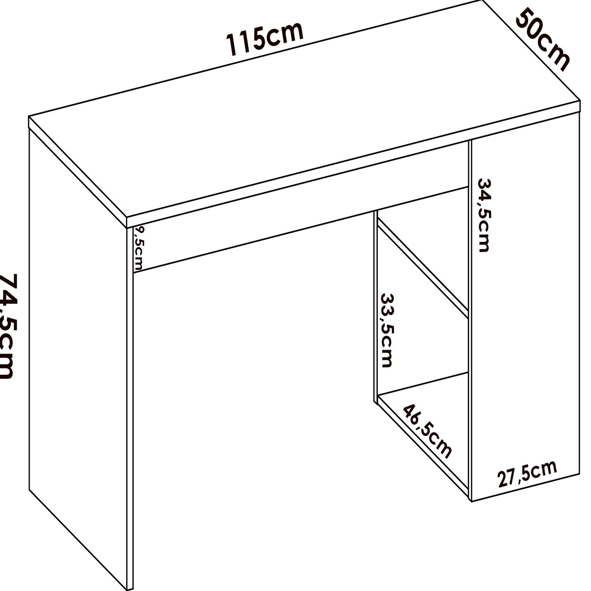 Dimensions du bureau Teo avec étagère et 1 tiroir Blanc/Graphite 74x115x50