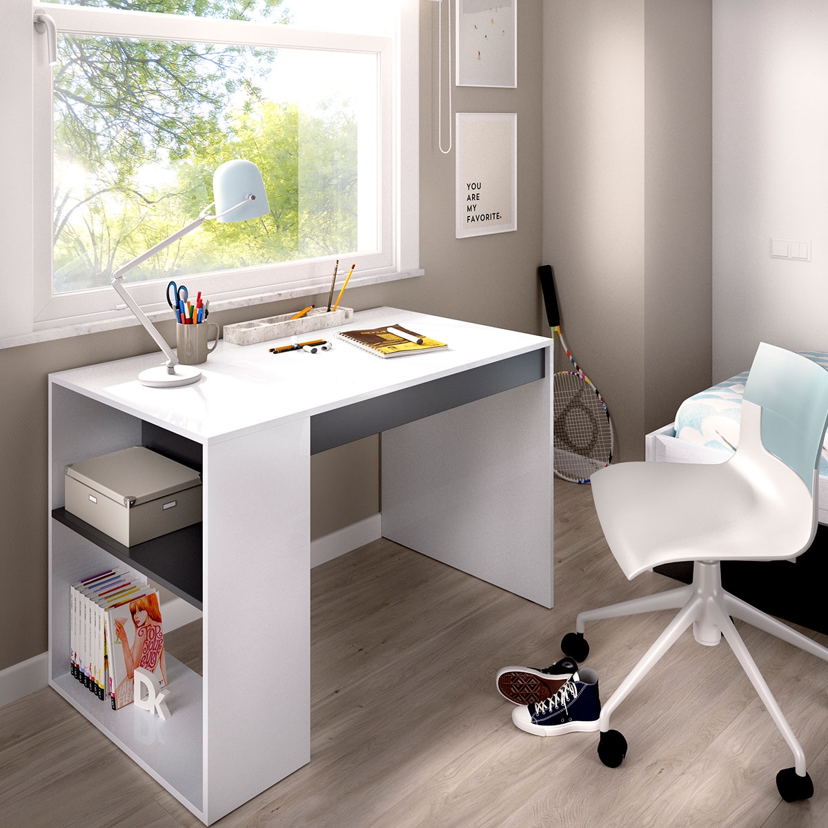 Teo Bureau avec étagère et 1 tiroir Blanc/Graphite 74x115x50