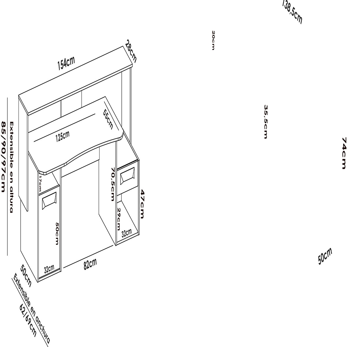 Mesures de l’ordinateur de bureau de jeu Fosk Graphite 85-98x154x62-69