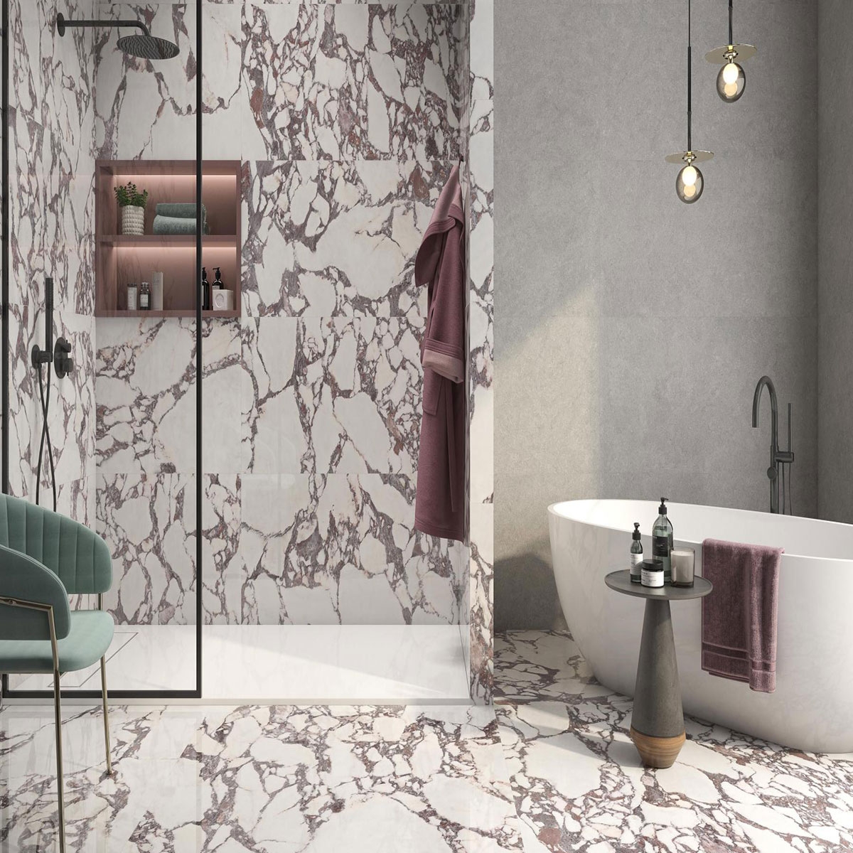 Salle de bain avec carrelage mural et de sol Lux Viola 60x120