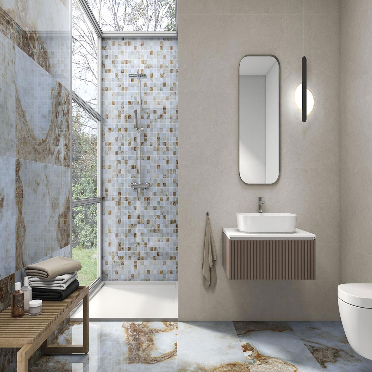 Salle de bain avec revêtement et sol CR Lux Danae Esmeralda 60x120