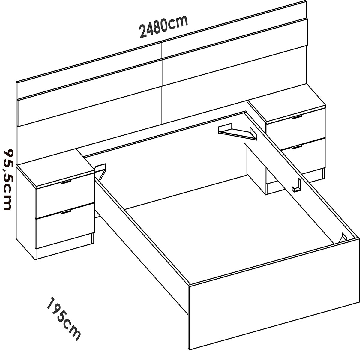 Dimensions de Bianca Tête de lit + 2 tables de chevet avec 2 tiroirs + cerceau de lit 135/140X190 blanc/lattes