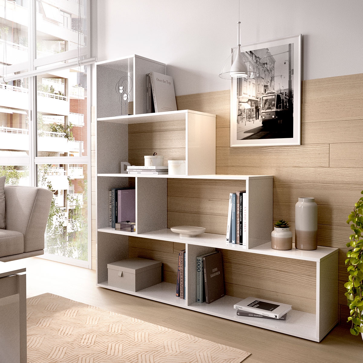 Raum mit Zehn-B-Regal. Helligkeit 145x145x29