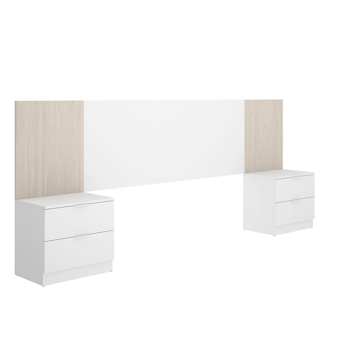 Cabeceira Lusa + 2 Mesas de Cabeceira com 2 Gavetas Branco/Ripado