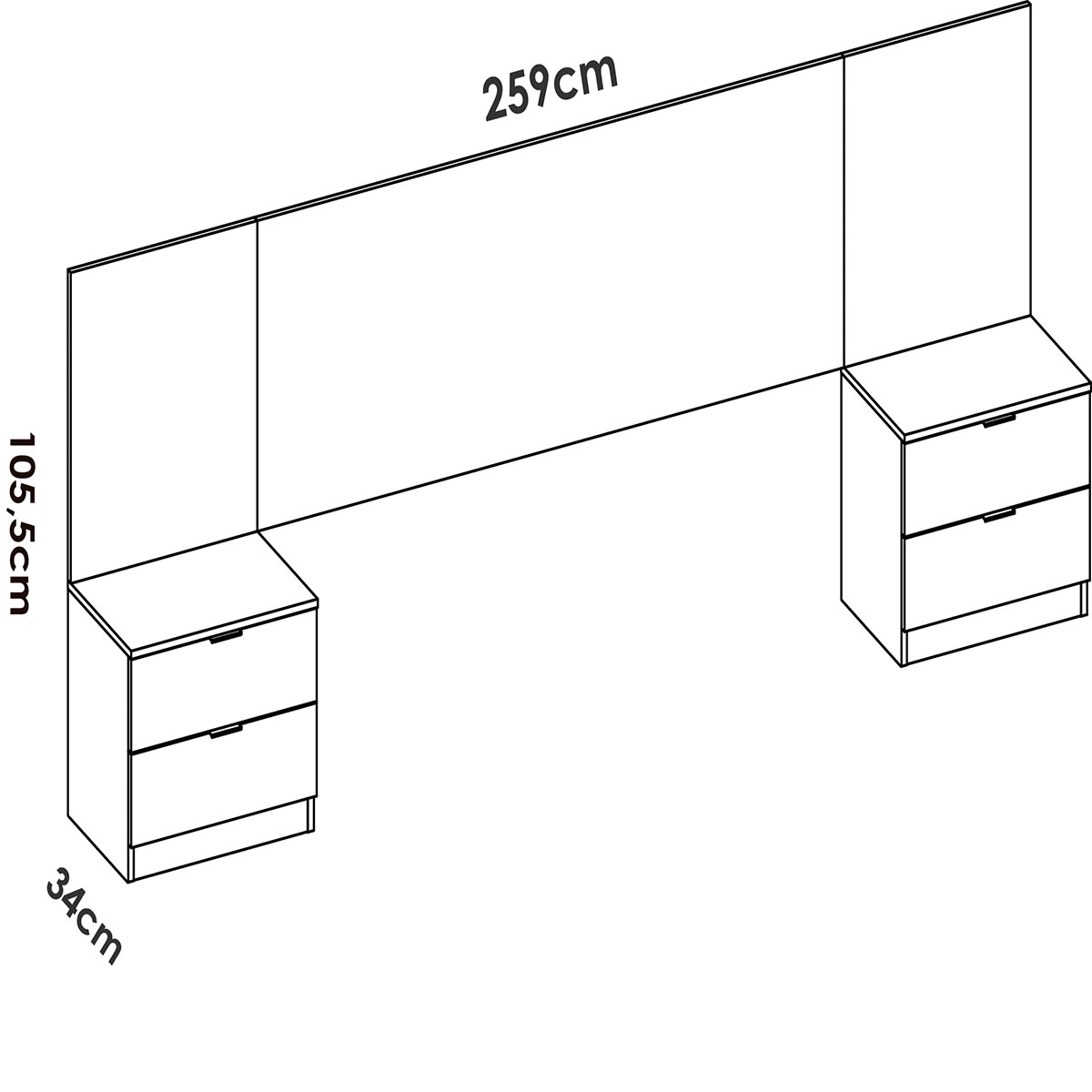 Dimensions de la tête de lit Lusa + 2 tables de chevet avec 2 tiroirs blancs/lattes