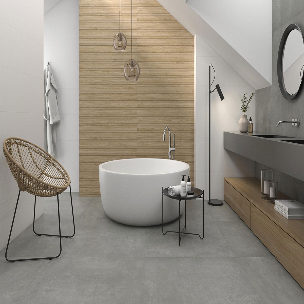 Salle de bain avec revêtement en chêne Tripoli Ordesa 33.3x100