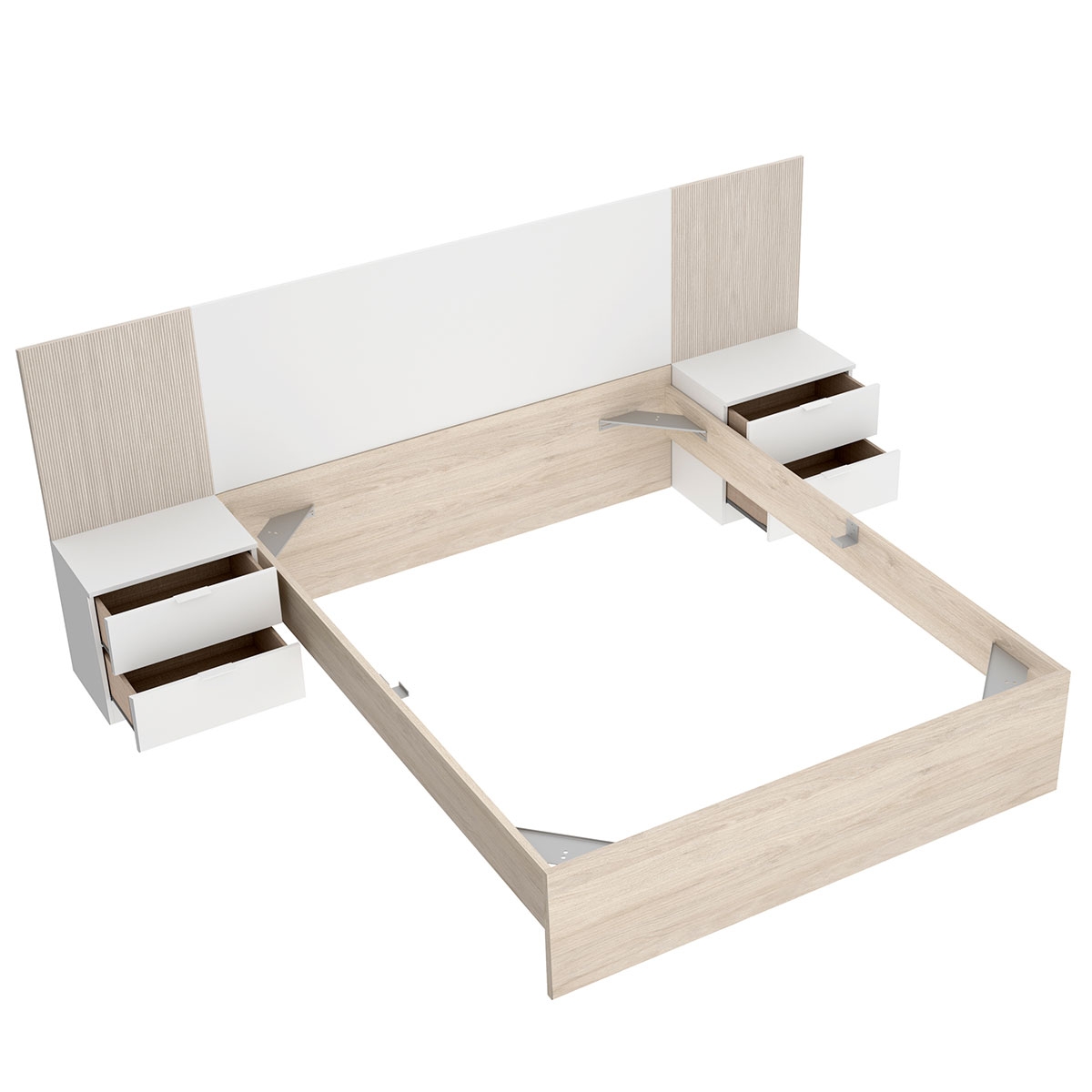 Tête de lit Loma + 2 tables de chevet avec 2 tiroirs + cerceau de lit 135/140x190 blanc/rayé/naturel - 2